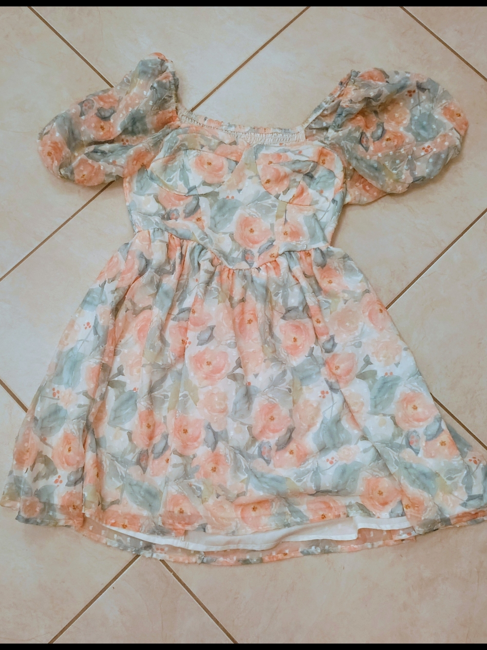 SHEIN Peach & Sage Floral Puff Sleeve Kids Dress